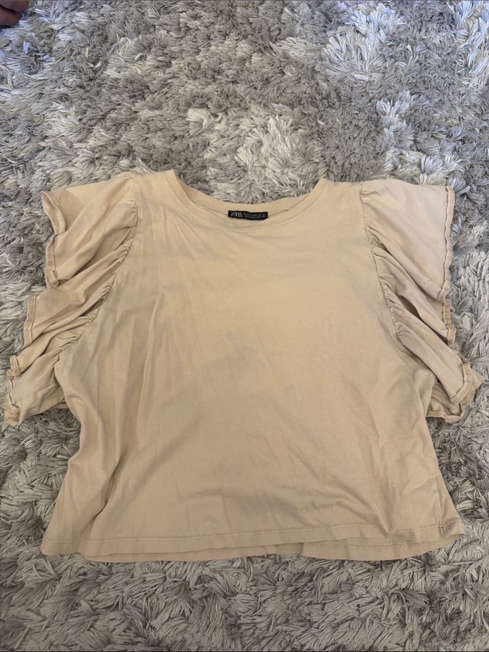 Zara Beige Ruffle Sleeve Short Sleeve Tee